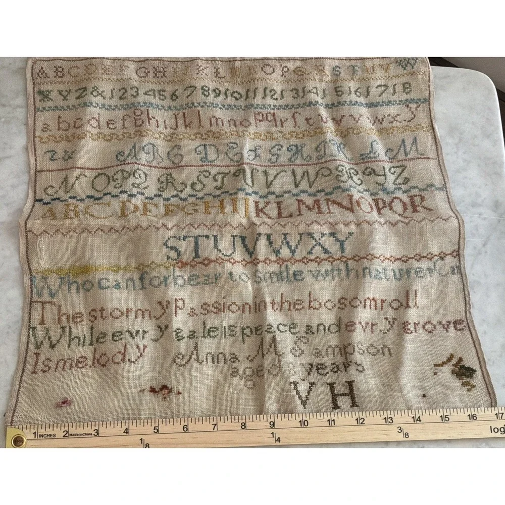 Embroidery Sampler Finished Homespun Linen VTG